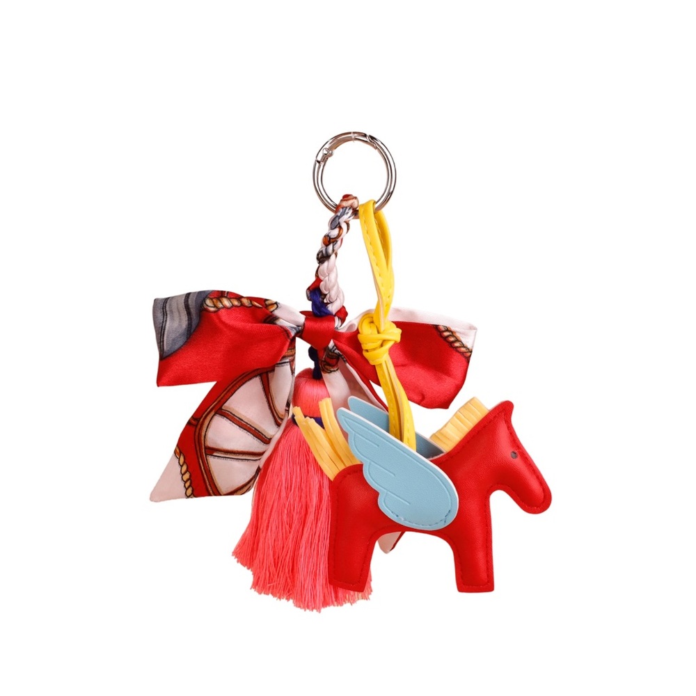 Red Winged Flying Horse Silky Scarf & Tassel Bag Charm Keychain– Vegan Leather